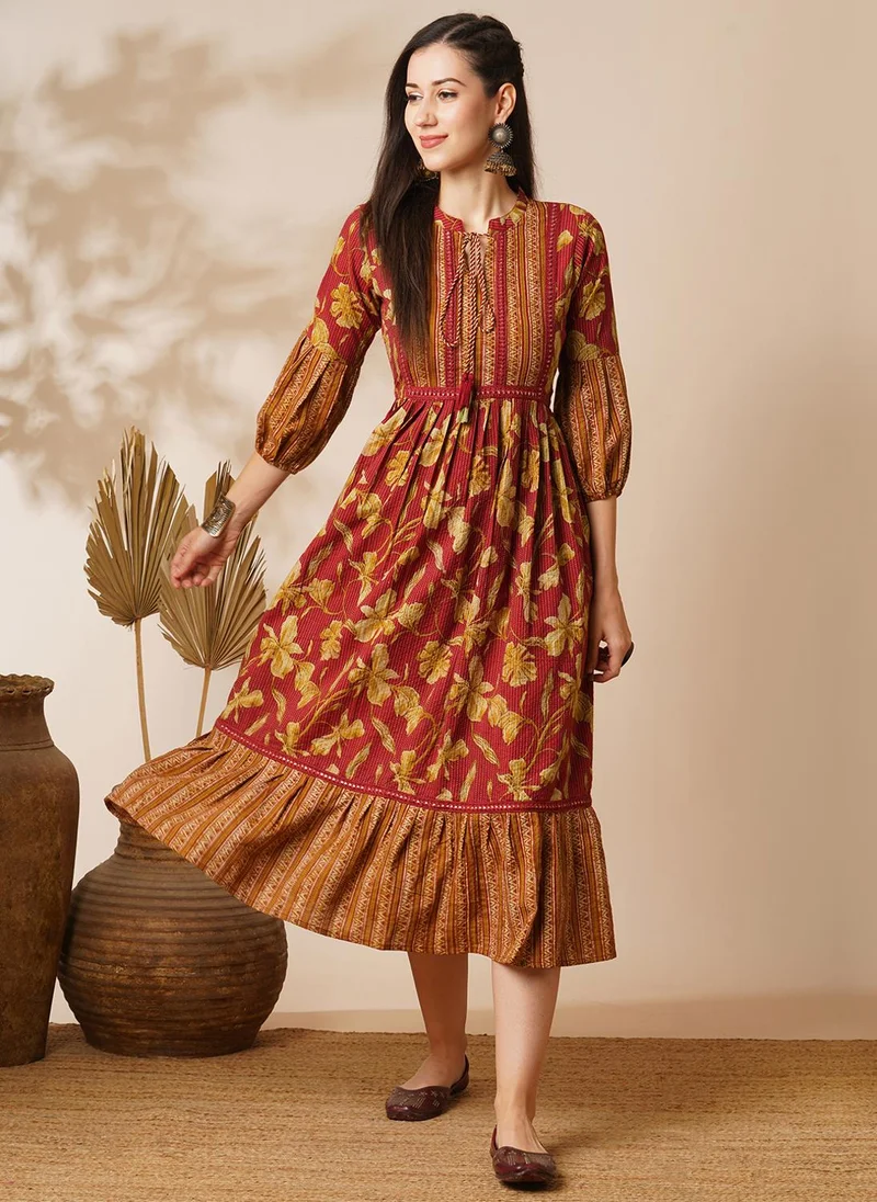 globus Globus Women Tie-Up Neck Bishop Sleeves Floral Printed Fit And Flare Midi Ethnic Dresses